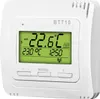 A white digital thermostat with a green LCD screen displaying temperature and time. Podgląd zdjęcia produktu