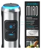 Close-up of a silver and black immersion blender with blue illuminated buttons and ring light. Text and images on the right describe its features and uses. Produktbild-Vorschau