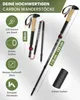 Marketing image showing foldable carbon hiking poles with feature callouts. Produktbild-Vorschau