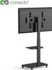 A black TV stand with a screen mounted on it, shown from the back, on a white background. Produktbild-Vorschau