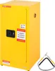 A yellow safety cabinet with warning labels and a grounding cable. Produktbild-Vorschau