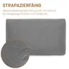 A grey cushion with water droplets on it, shown next to text describing its features. Produktbild-Vorschau