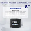 A printer is shown on a white pedestal with a marketing graphic above it listing compatible printers. Produktbild-Vorschau