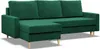 A green sectional sofa with a chaise lounge is shown from a slightly elevated side angle against a white background. Produktbild-Vorschau