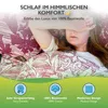 A woman is lying in bed, covering her eyes with her hand, with a patterned duvet. Below are icons and text describing product features. Produktbild-Vorschau