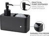 A black soap dispenser with a sponge holder, with close-up views and descriptive text. Produktbild-Vorschau