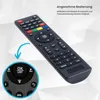 A black remote control is shown at an angle against a light gray and white geometric background. A close-up inset of the remote's control buttons is visible on the lower left, highlighted by a blue arrow. Produktbild-Vorschau