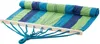 A rolled-up hammock with blue and green stripes resting on a wooden spreader bar. Produktbild-Vorschau