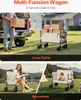 A collage showing a multi-function wagon in cargo carrier and bench modes, with a person loading boxes and a dog sitting on the bench. Produktbild-Vorschau