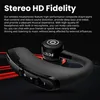A black wireless earbud with text describing its features. Produktbild-Vorschau