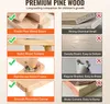 A collage of images comparing premium pine wood features with inferior materials, highlighting benefits like fresh scent, solid texture, reinforced frames, and smooth corners. Voir les images du produit