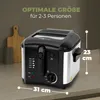 A Clatronic deep fryer is shown on a kitchen counter with text overlays indicating its size and suitability for 2-3 people. Produktbild-Vorschau