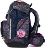 A side view of a children's backpack with a galaxy-like pattern and character patches. Náhľad obrázku produktu
