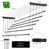 Diagram of a retractable clothes drying rack with dimensions and branding. Produktbild-Vorschau