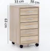 A rollable storage cabinet with five drawers, shown in a studio setting with dimensions indicated. Produktbild-Vorschau