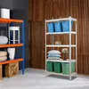 Shelving units with various storage items against a wooden wall. Produktbild-Vorschau