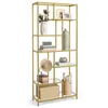 A gold metal and glass bookshelf with various decorative items on it. Náhled obrázku produktu