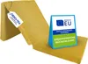 A folded yellow mattress with labels indicating certifications and features. Produktbild-Vorschau
