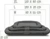 A size chart showing different sizes of dog beds with their dimensions, with the actual dog beds stacked below. Anteprima dell’immagine prodotto