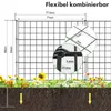 A metal garden fence with dimensions and close-up details shown, set against a backdrop of grass and flowers. Produktbild-Vorschau