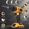 A yellow and black cordless drill with various features highlighted by callouts and text. Produktbild-Vorschau