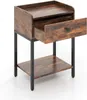 A product shot of a wooden nightstand with a black metal frame, featuring an open drawer. Podgląd zdjęcia produktu