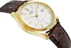 A close-up, angled shot of a gold-colored Casio watch with a white face and a brown leather strap, set against a white background. Anteprima dell’immagine prodotto