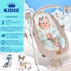 A baby is in a KIDIZ baby swing with various features listed on the left side of the image. Produktbild-Vorschau