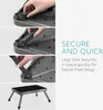 A collage of images showing the setup of a folding step stool, with text highlighting its secure and quick assembly. Produktbild-Vorschau