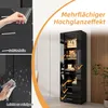 A collage of images showing a black high-gloss display cabinet with LED lighting, along with close-ups of its protective film and cleaning process. Anteprima dell’immagine prodotto