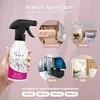 A hand holding a spray bottle with various circular images showing different locations where the product can be used. Produktbild-Vorschau
