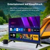 A TV set is placed on a table outdoors, with a tent and a natural landscape in the background. Produktbild-Vorschau