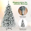 A flocked artificial Christmas tree with decorative elements and text overlays explaining its features. Produktbild-Vorschau