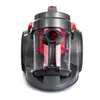 A front view of a gray bagless cylinder vacuum cleaner with a transparent dustbin and red accents. Voir les images du produit
