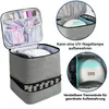 Collage of images showing a gray cosmetic storage bag with different compartments, including one that can store a UV nail lamp and another with holders for nail polish bottles. Text in German indicates its storage capabilities. Produktbild-Vorschau