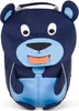 A close-up front view of a blue bear-shaped backpack with its tongue sticking out. Produktbild-Vorschau