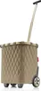 A studio shot of a beige quilted shopping trolley with a gold handle. Voir les images du produit