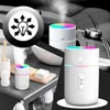 Collage showing a humidifier in different settings: a car interior, a bathroom counter, and a close-up on a white surface. Produktbild-Vorschau
