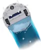 A robot vacuum cleaner is shown from underneath, with a blue, watery effect emanating from it, suggesting a mopping function. Produktbild-Vorschau
