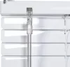 A close-up view of white horizontal blinds with a clear plastic mechanism for adjusting them. Produktbild-Vorschau