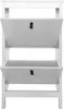 A white shoe cabinet with two flip-down compartments, each with a small brown leather pull tab. Produktbild-Vorschau