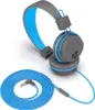 A pair of gray and blue headphones with a coiled blue audio cable on a white background. Produktbild-Vorschau