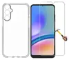 A transparent phone case and screen protector are displayed next to a smartphone. Produktbild-Vorschau