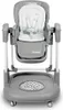 A gray high chair with a white cushion and harness, shown from the front. Produktbild-Vorschau