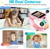Collage showing a pink smartwatch for children, with images demonstrating its camera features and face unlock functionality. Produktbild-Vorschau