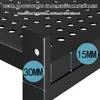 A close-up view of a black metal shelf with circular perforations, highlighting dimensions with text overlays. Produktbild-Vorschau