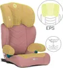 A pink and yellow child car seat is shown against a white background. Inset diagrams highlight features. Náhled obrázku produktu