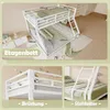 A collage of images showing a white bunk bed, its railing, and its ladder, with dimensions indicated on the main image. Voir les images du produit