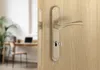 A close-up view of a bronze door handle and lock mechanism on a wooden door, with a blurred office interior in the background. Produktbild-Vorschau