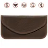 A brown Faraday pouch with several icons above it indicating signal blocking. Produktbild-Vorschau